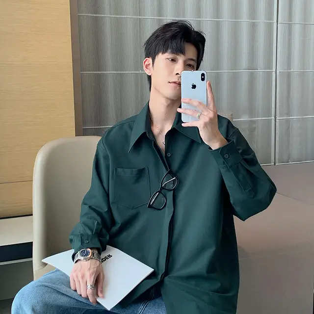 Men's Long sleeved Non ironing Solid Color With Korean White Shirt Dark Green - Shop at LoveMi