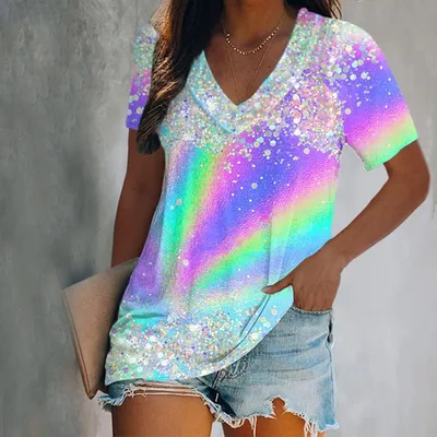 Digital Printing Short sleeved V neck T shirt 5Color S - Shop at LoveMi