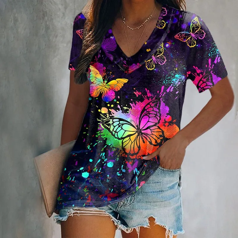 Digital Printing Short sleeved V neck T shirt 6Color L - Shop at LoveMi