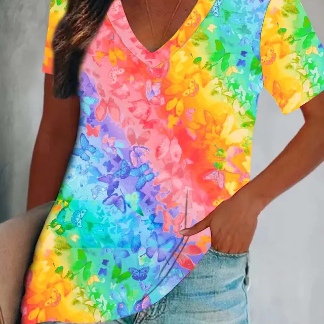 Digital Printing Short sleeved V neck T shirt 9Color - Shop at LoveMi