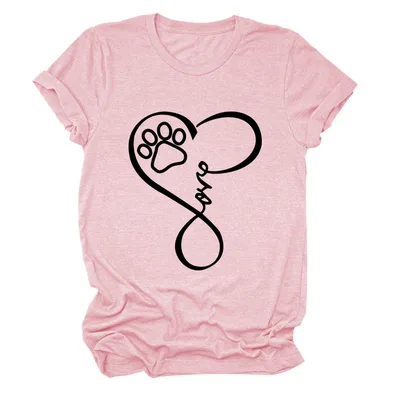 Dog Print Heart Printing Round Neck Short Sleeve Women's Clothing Pink Black Font - Shop at LoveMi