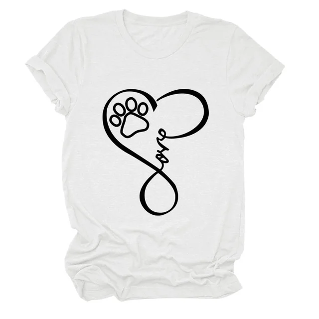 Dog Print Heart Printing Round Neck Short Sleeve Women's Clothing White Black Font - Shop at LoveMi