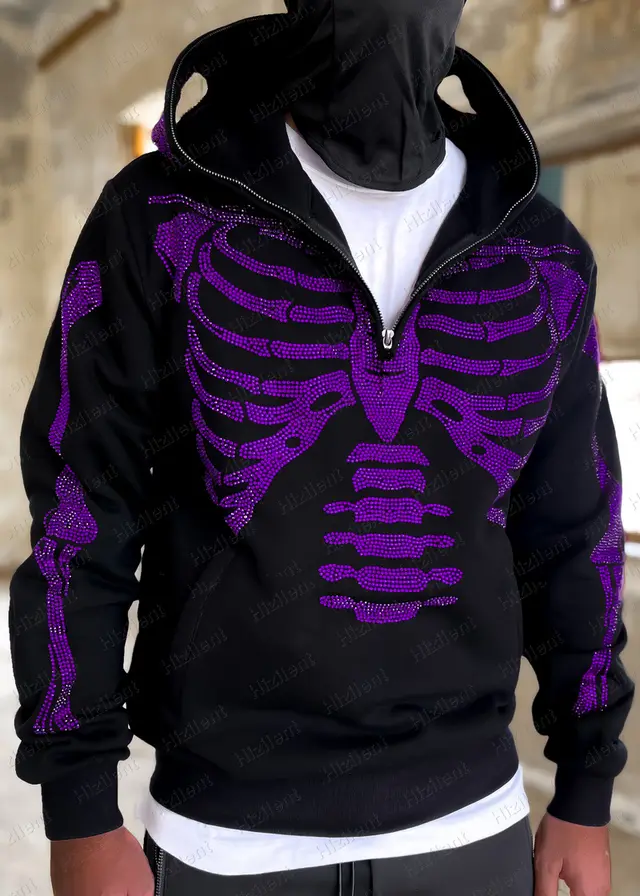 New Personalized Graphic Embroidered Loose Pullover Hoodie Black Purple Hot Diamond - Shop at LoveMi