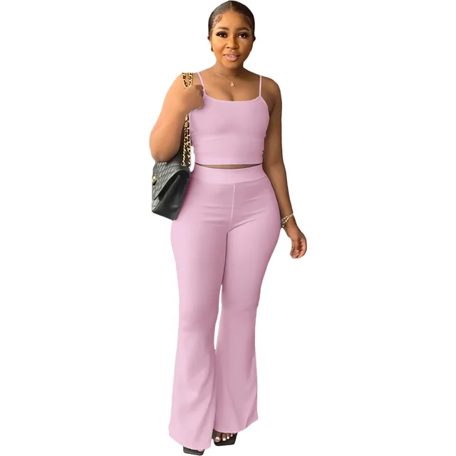 Women's Clothing Solid Color Sling Bell bottom Pants Simple Fashion Suit Pink - Shop at LoveMi