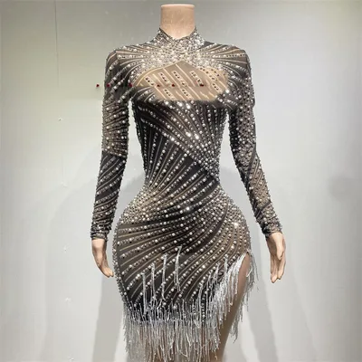 Tassel Dress Birthday Party Long Sleeve Ironing Transparent Black White Tassel - Shop at LoveMi