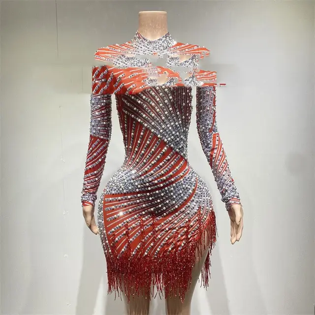 Tassel Dress Birthday Party Long Sleeve Ironing Transparent Red - Shop at LoveMi