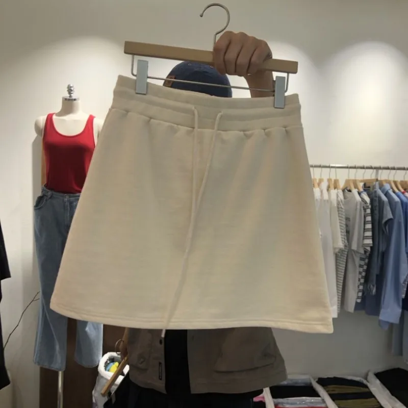 Women's Drawstring Elastic Waist A-line Short Skirt - Apricot