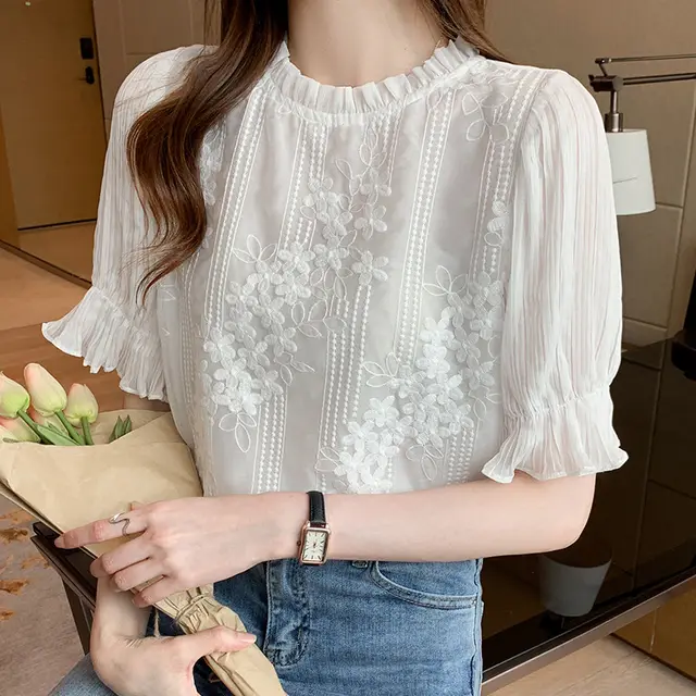 Flare Short Sleeve Chiffon Shirt Women Fashion White - Shop at LoveMi