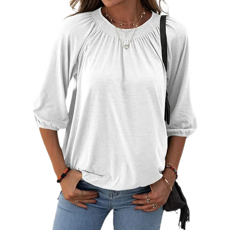 Women's Autumn Temperament Pullover Round Neck Loose Three quarter length sleeved T shirt White - Shop at LoveMi