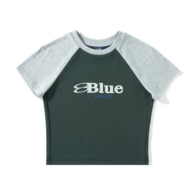 Women's Retro Raglan Color Matching Short Sleeve Navel Dark Green Mosaic Grey - Shop at LoveMi
