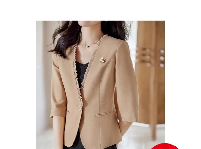 Women's Collarless Professional Casual Three Quarter Sleeve Suit Jacket Khaki One Piece Suit - Shop at LoveMi