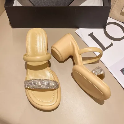 Thick Heel Sandals With Rhinestones Yellow - Shop at LoveMi