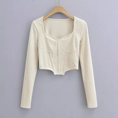 Fish Bone Low Neck Autumn New Slim Short Open Waist Top Apricot - Shop at LoveMi