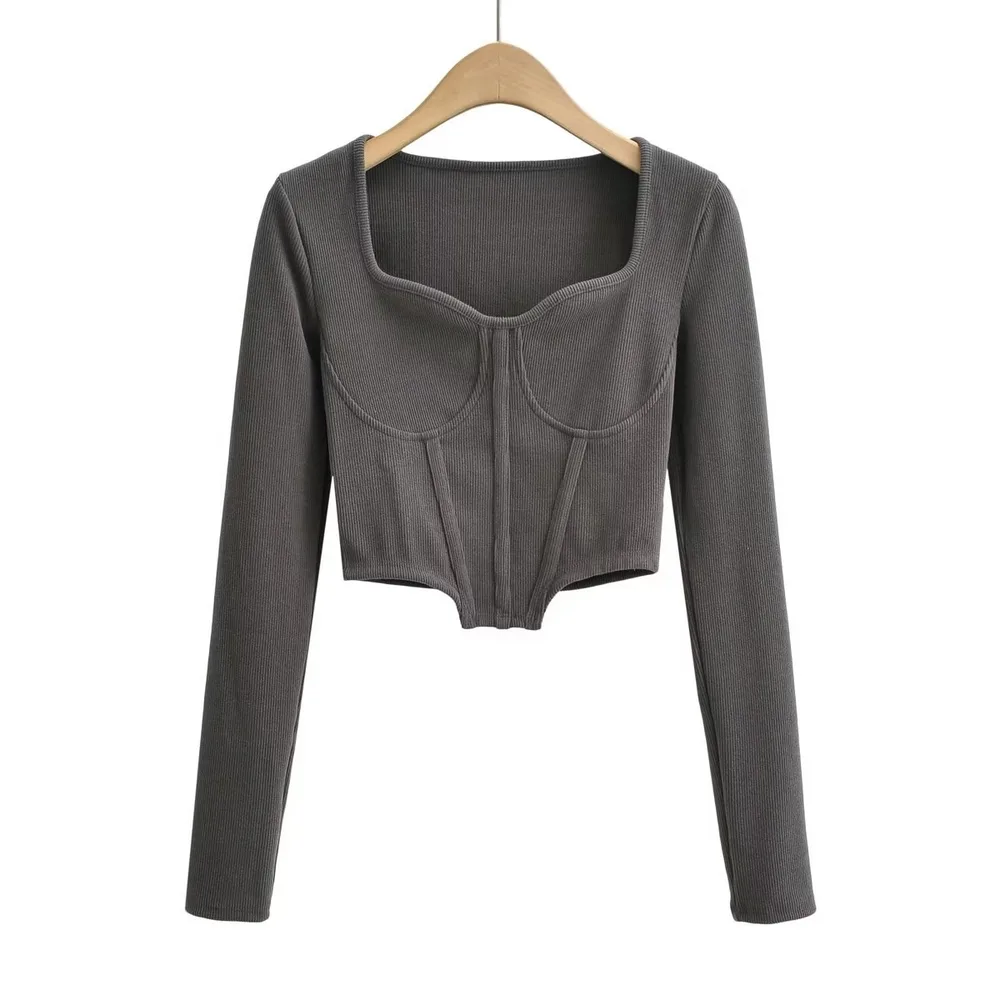 Fish Bone Low Neck Autumn New Slim Short Open Waist Top - Dark Grey