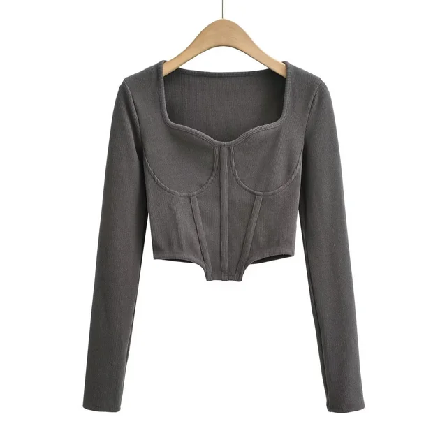Fish Bone Low Neck Autumn New Slim Short Open Waist Top Dark Grey - Shop at LoveMi