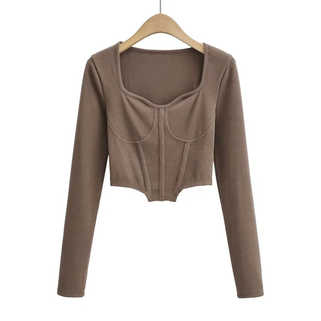 Fish Bone Low Neck Autumn New Slim Short Open Waist Top Khaki - Shop at LoveMi