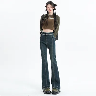 Ragged Flared Pants Versatile Casual Pants Retro Blue 9Points - Shop at LoveMi