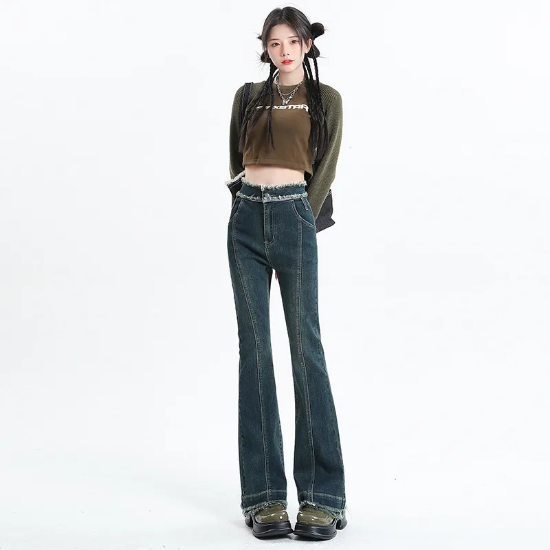 Ragged Flared Pants Versatile Casual Pants Retro Blue 9Points - Shop at LoveMi