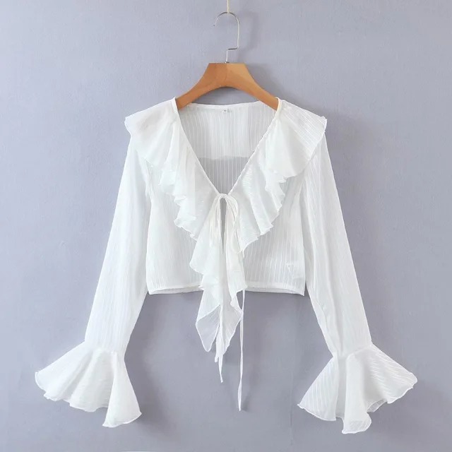 Light Transparent Striped Sunscreen Shirt Cardigan Long Sleeve V neck Slim Women's Shirt White - Shop at LoveMi