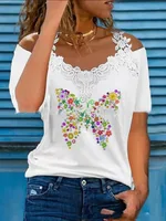V Neck Lace Shoulder Drain Short Sleeve Casual - Big Butterfly-L