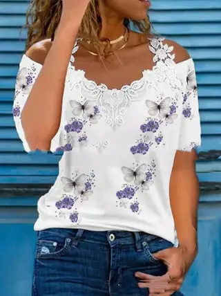V Neck Lace Shoulder Drain Short Sleeve Casual - Purple Butterfly