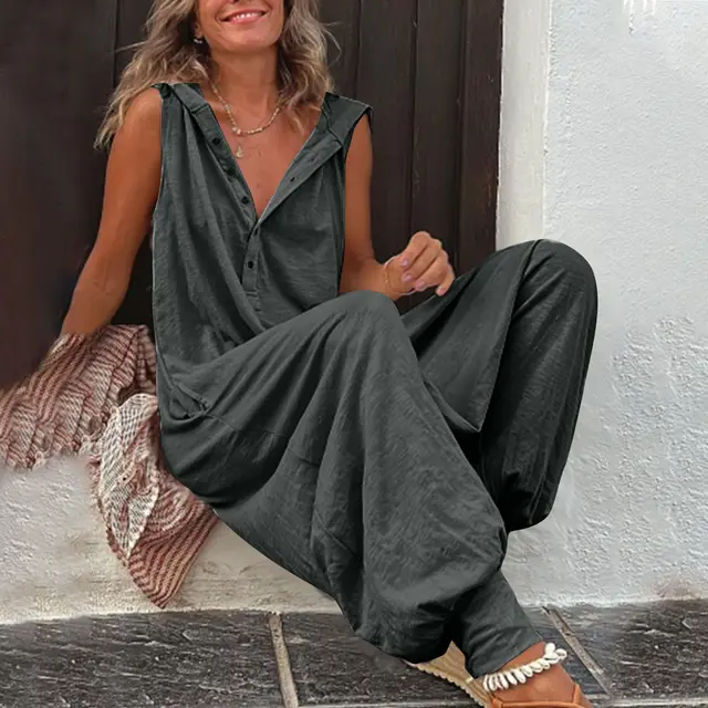 Button Hooded Sleeveless Trousers Jumpsuit Dark Grey - Shop at LoveMi