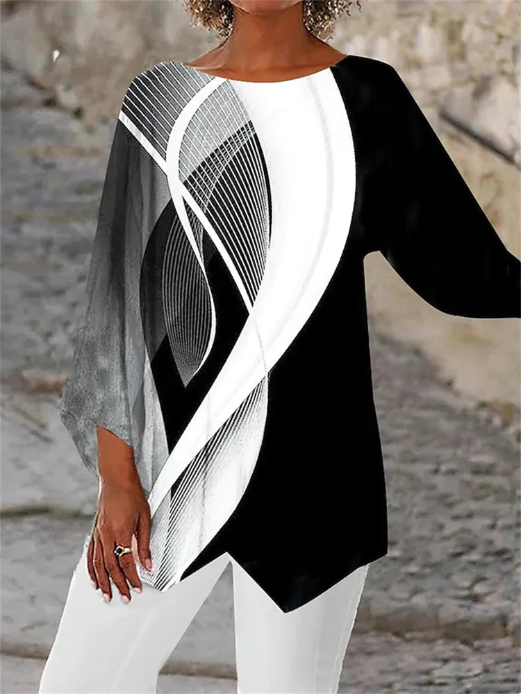 Geometric Print Loose Irregular Hem Shirt Black White - Shop at LoveMi