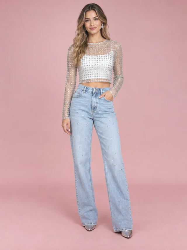 Mesh Studded Sequin Long sleeved Shirt Silver - Shop at LoveMi