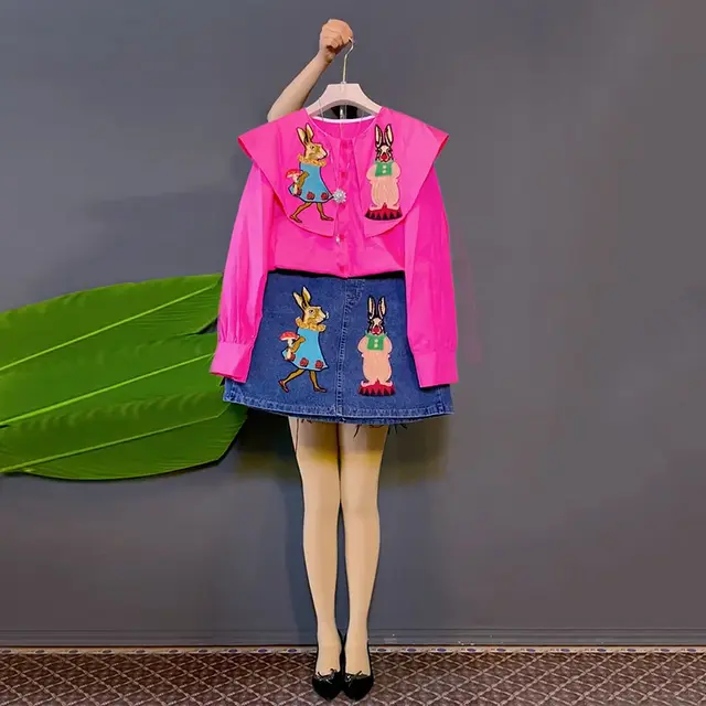 TOPAge reduced Embroidered Rabbit Doll Collar Shirt Rose Red - Shop at LoveMi