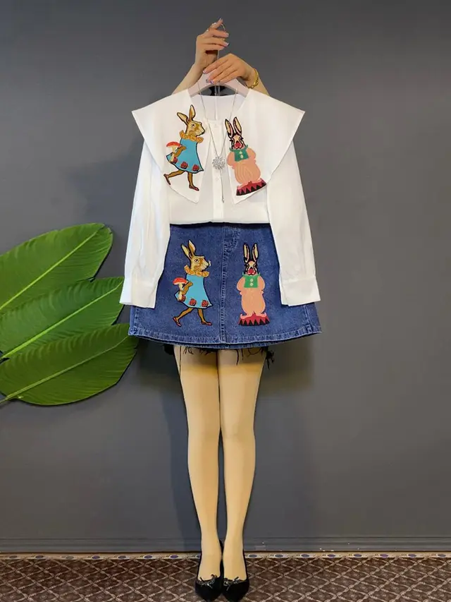 TOPAge reduced Embroidered Rabbit Doll Collar Shirt White - Shop at LoveMi