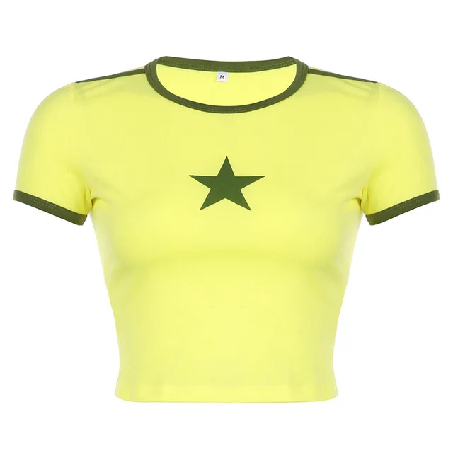 Contrast Star Print Crew Neck T Shirt Slim Fit Yellow - Shop at LoveMi