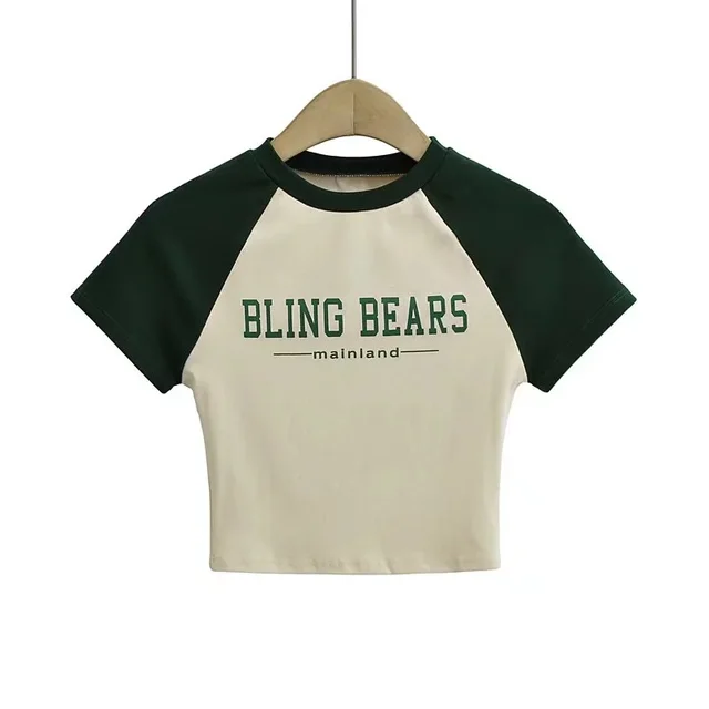 Color Blocking Letter Printed Round Neck Short Sleeve Apricot Dark Green - Shop at LoveMi