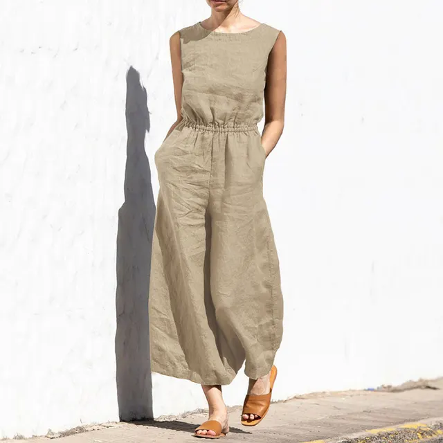 Summer Solid Color High Waist Sleeveless Trousers Women's Loose Type Temperament Jumpsuit Khaki - Shop at LoveMi