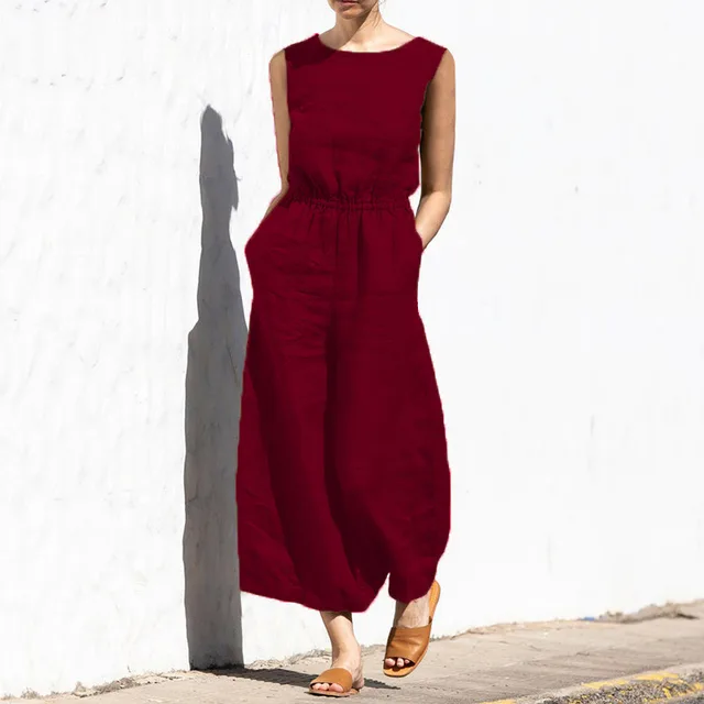 Summer Solid Color High Waist Sleeveless Trousers Women's Loose Type Temperament Jumpsuit Wine Red - Shop at LoveMi