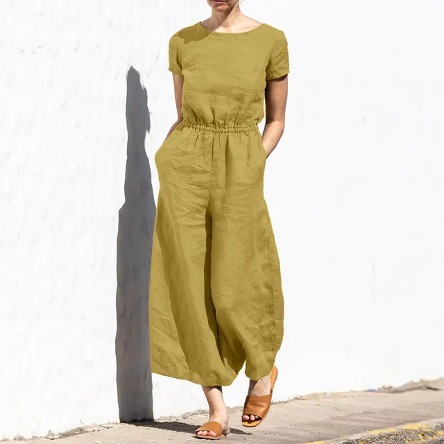 Summer Solid Color High Waist Sleeveless Trousers Women's Loose Type Temperament Jumpsuit Yellow Short Sleeve - Shop at LoveMi