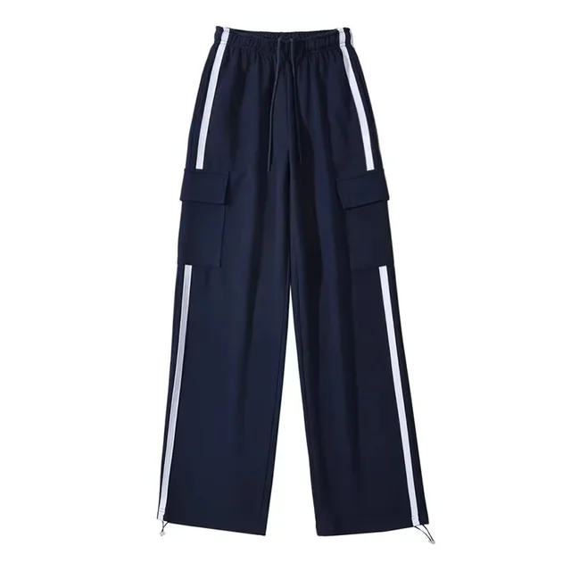 Side Stripe Stitching Women's Drawstring Pocket Casual Pants Bundle Feet Navy Blue - Shop at LoveMi