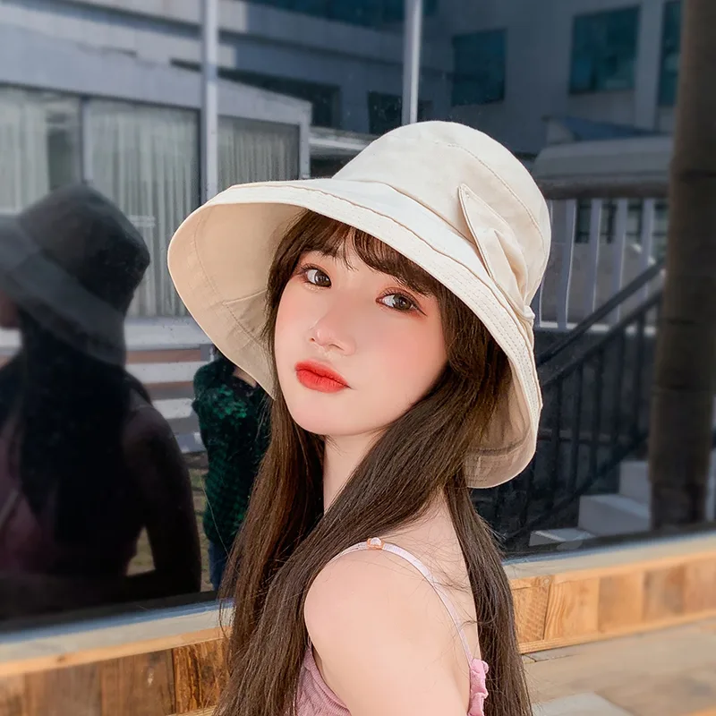 Women's Sunshade Summer Large Brim Bow Basin Hat Beige - Shop at LoveMi