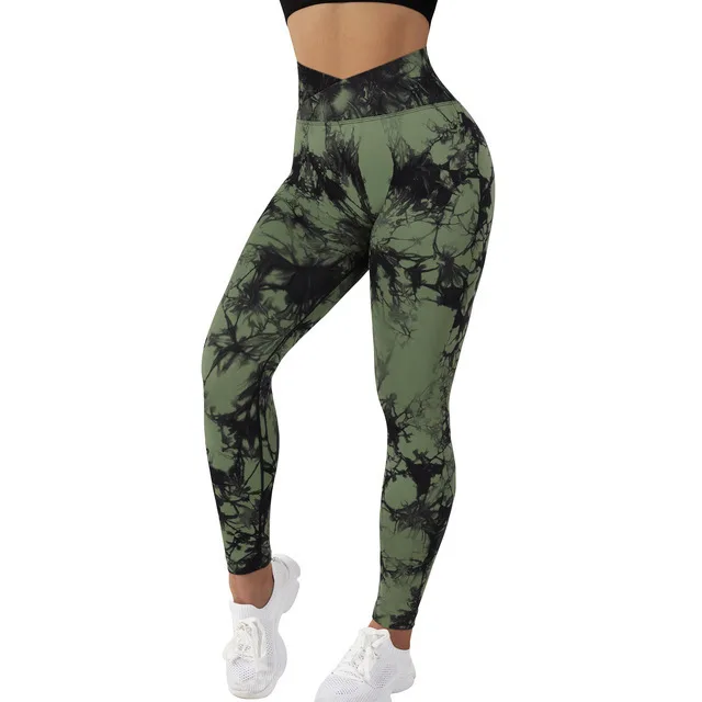 Fashion Cross Tie dye Buttock Lifting Women's Sports Pants Army Green - Shop at LoveMi