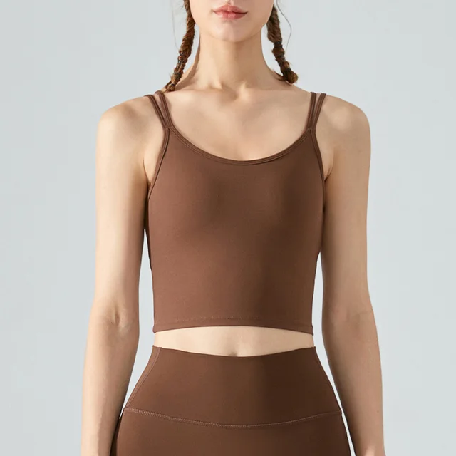 Double Spaghetti Strap Sports Underwear One piece Fixed Chest Pad Backless Bra Chestnut - Shop at LoveMi
