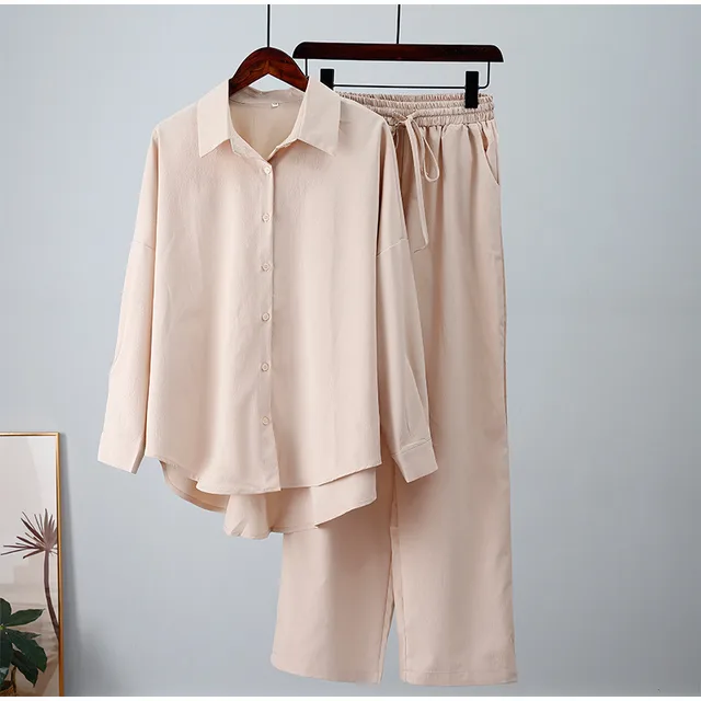Autumn And Winter New Loose Elastic Wrinkle Long sleeved Shirt Wide leg Pants Casual Suit Apricot - Shop at LoveMi