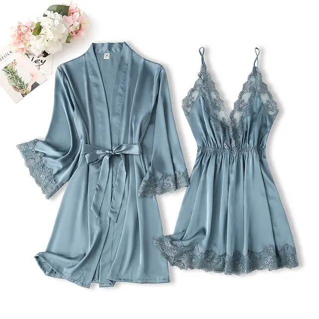 Women's Artificial Silk Pajamas With Lace Spring And Summer Cyan - Shop at LoveMi