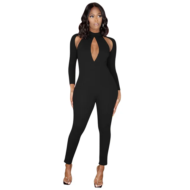 Women's Solid Color Long sleeved Invisible Cut out Jumpsuit Black - Shop at LoveMi