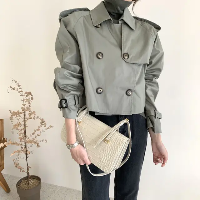 Korean Ins Autumn Retro Lapels Design Double Breasted Loose All match Long Sleeve Short Trench Coat Bean Green - Shop at LoveMi