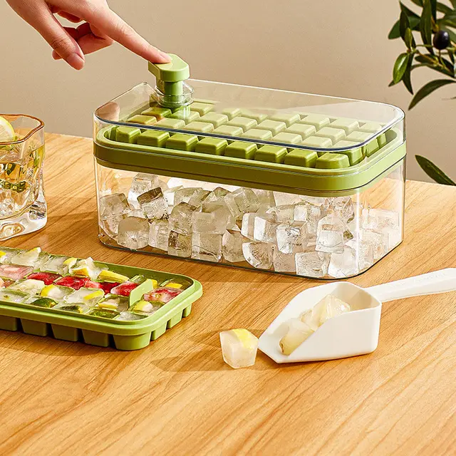 One button Press Type Ice Mold Box Plastics Ice Cube Maker Ice Tray Mold With Storage Box With Lid Bar Kitchen Accessories Green Set Single Layer - Shop at LoveMi