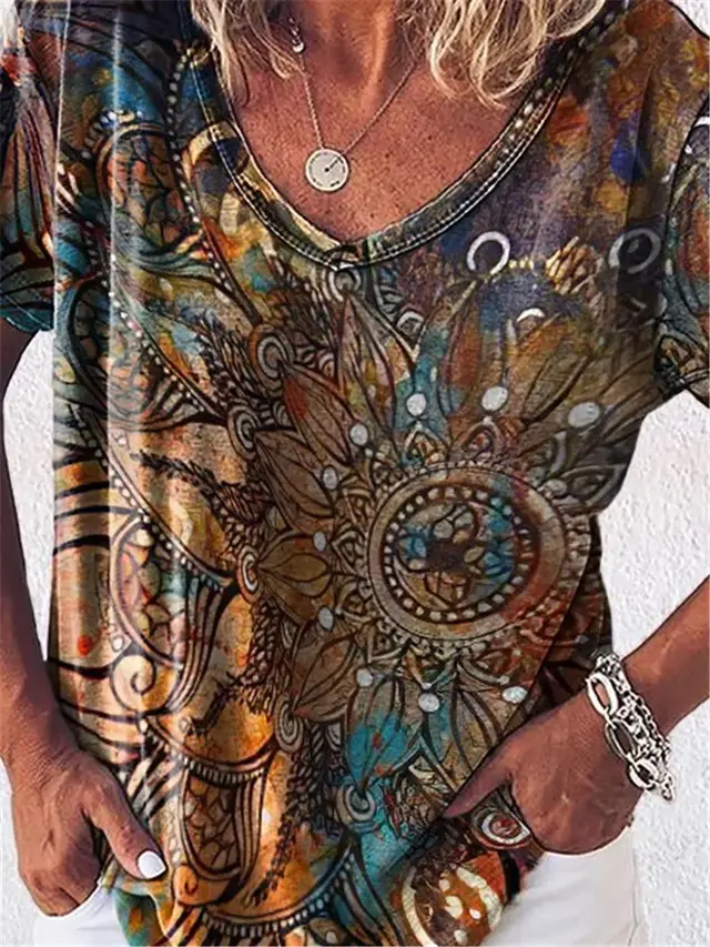 Vintage Printed V neck Thin Casual T shirt F165P1106 - Shop at LoveMi