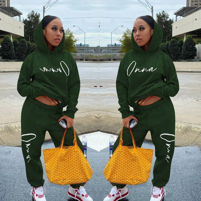 European And American Fashion Women's Wear Drawstring Printed Hooded Long Sleeve Trousers Two piece Set Green - Shop at LoveMi