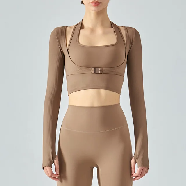 Halter Fake Two piece Slim Fit Yoga Long Sleeve Nude Feel Sports Top Women's Cocoa Color - Shop at LoveMi