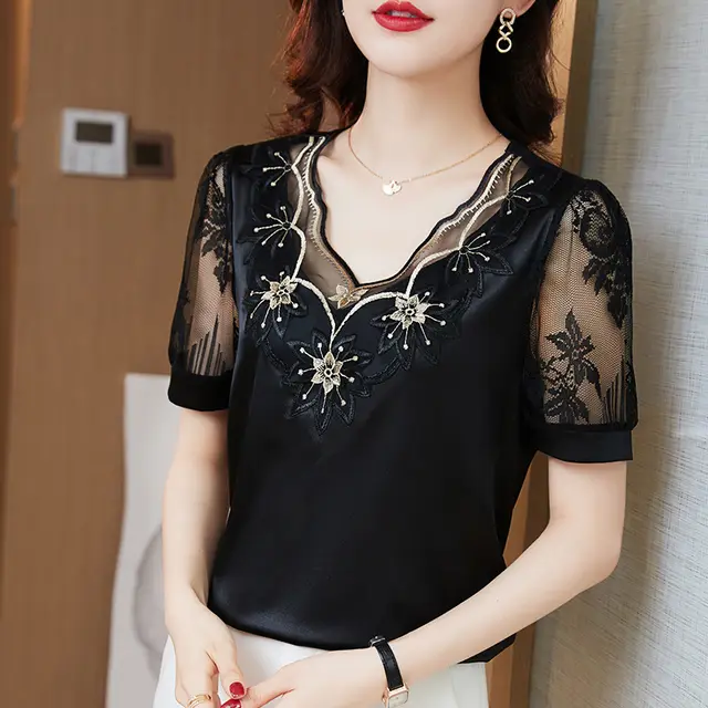 Short Sleeved Chiffon Shirt For Women Black Gold - Shop at LoveMi