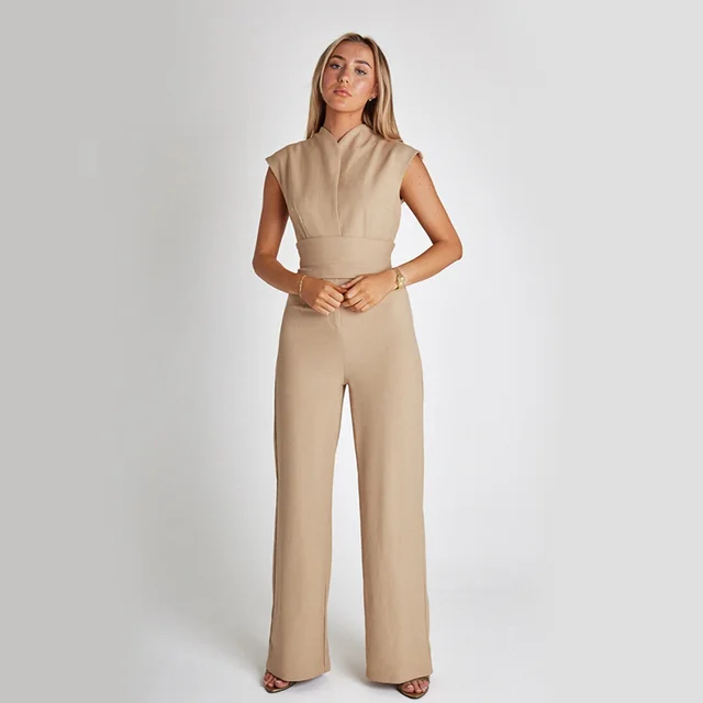 Fashion Elegant Long Sleeveless Jumpsuit Summer V neck Casual Wide Leg Long Overalls Clothing For Women Khaki - Shop at LoveMi