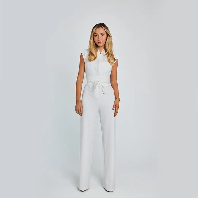 Fashion Elegant Long Sleeveless Jumpsuit Summer V neck Casual Wide Leg Long Overalls Clothing For Women White - Shop at LoveMi